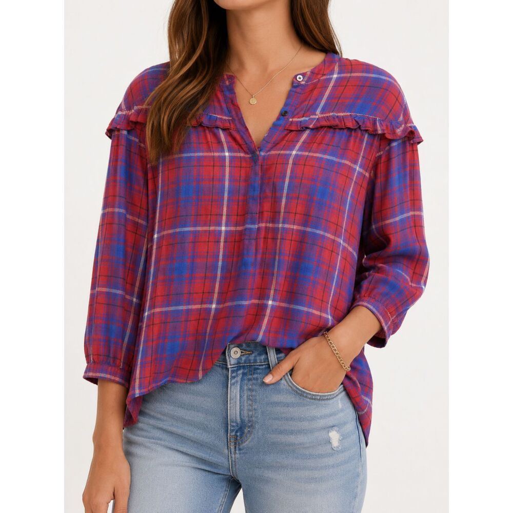 Madewell XS Red Blue Plaid Ruffle Popover Blouse 100% Cotton Cottagecore